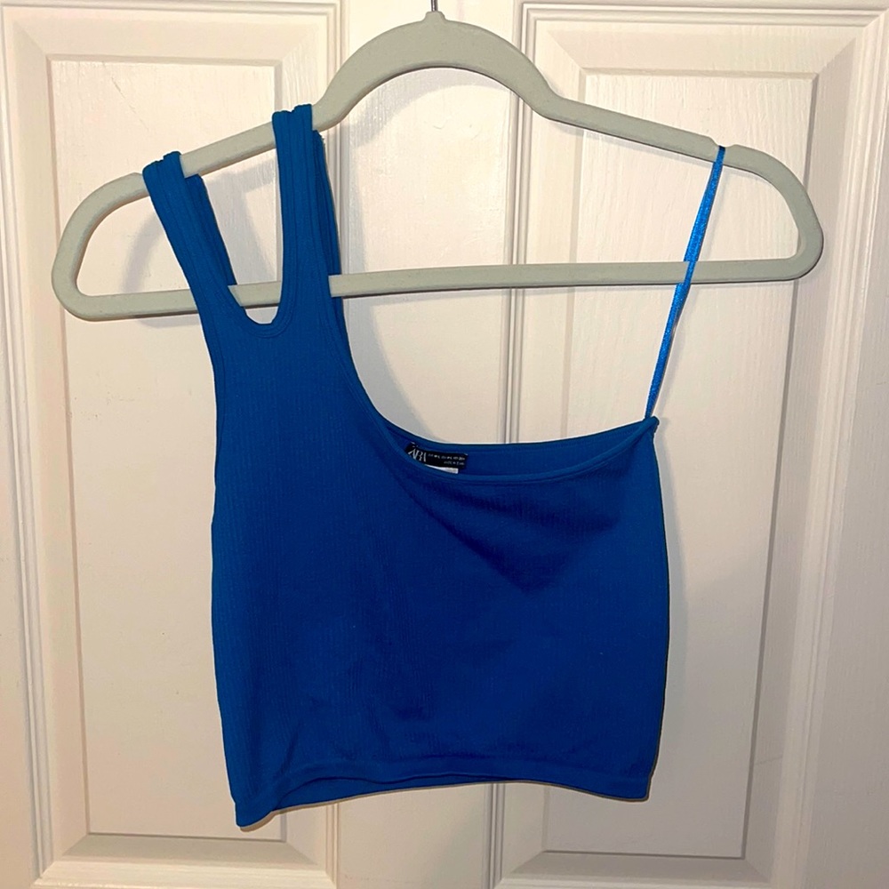 ZARA one shoulder blue cropped tank